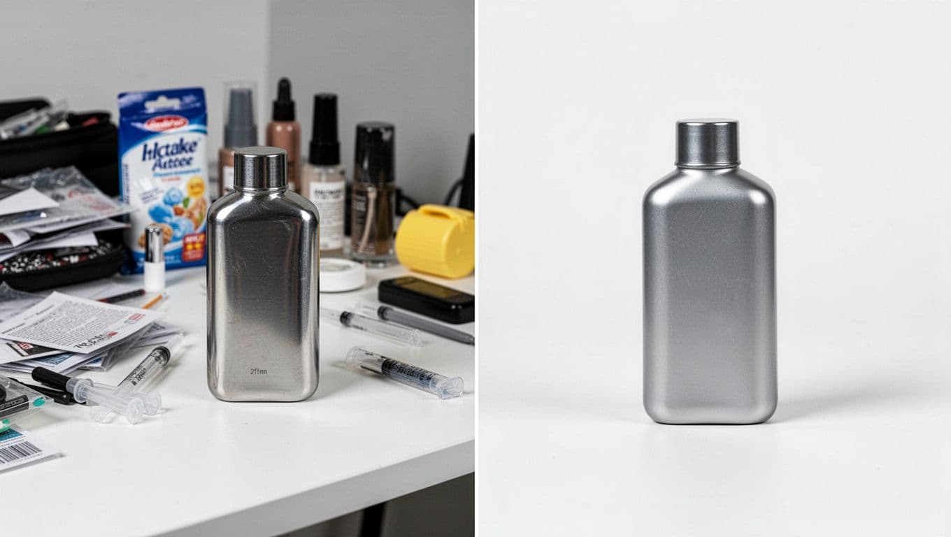 Side-by-side photorealistic comparison showing a cluttered product photo with background objects on the left and a clean isolated product on a plain background on the right, set on a white table with bright studio lighting.