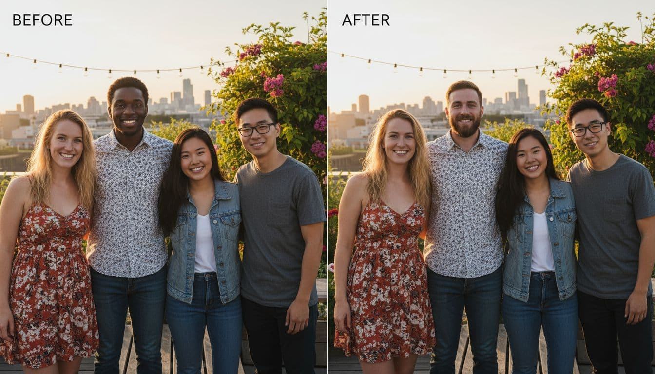 A before and after face swap on a group shot.