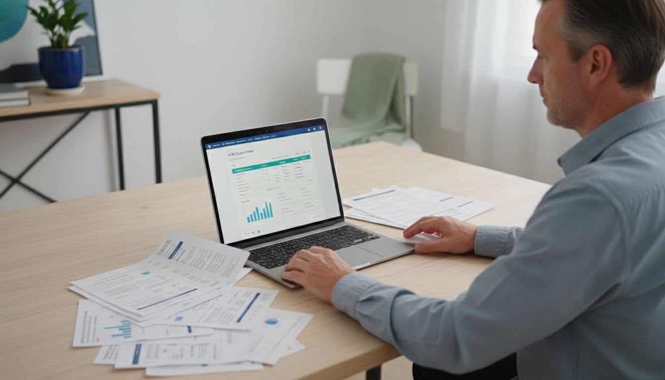 Photo-realistic image of a middle-aged beginner US small-business owner in a clean modern home office, setting up QuickBooks AI bill capture on a laptop with paper invoices scattered on the desk. Subtle blue and green finance accents, professional lighting, and a generic bookkeeping interface visible on the angled laptop screen.