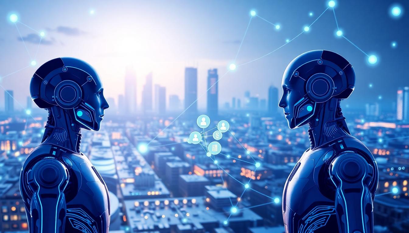 Photorealistic scene of a blockchain network powering secure agent interactions, showing interconnected nodes, digital tokens, and AI agents exchanging data. Image created with AI.