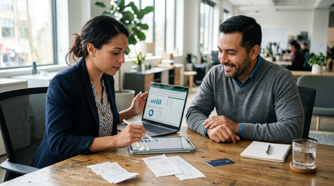 Two professionals—a bookkeeper and business owner—review expenses at a conference table using a tablet and laptop, with receipts and a credit card nearby in a bright office. Candid documentary-style, photo-realistic image with realistic skin tones and shallow depth of field.