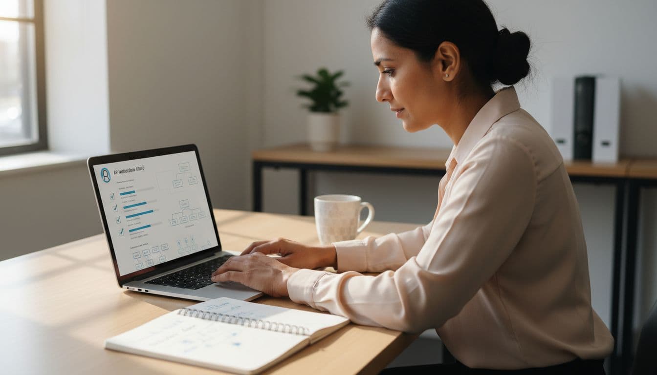 Photo-realistic image of a diverse bookkeeper in a US small-business accounting office configuring AP automation software on a laptop with generic setup screens visible, notebook open beside, coffee mug, natural daylight, shallow depth of field on keyboard and screen.
