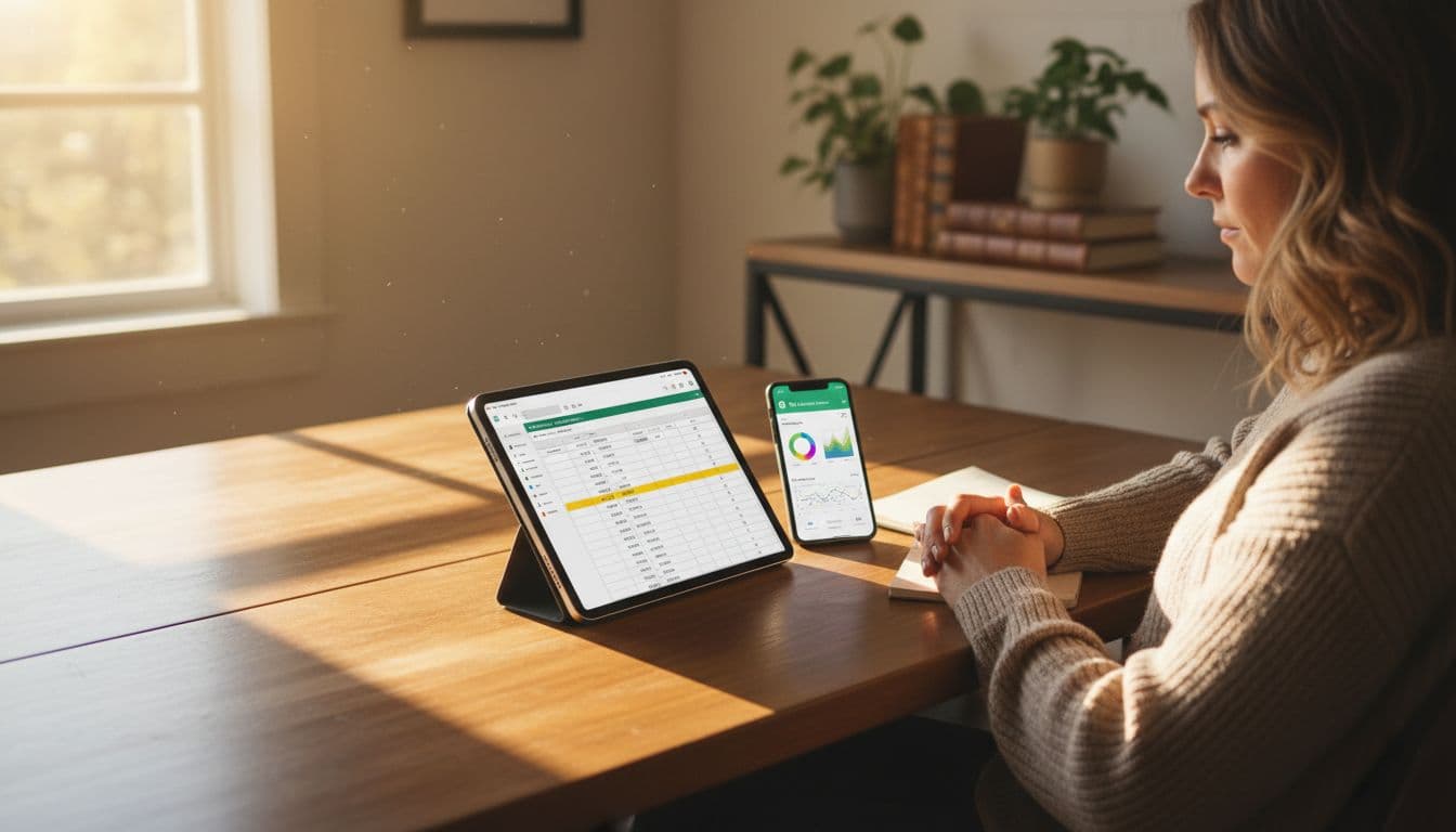 Bookkeeper in a cozy home office reviews a reconciliation report on a tablet next to a smartphone showing the QuickBooks app, relaxed pose with warm daylight filtering through the window, photo-realistic landscape composition.