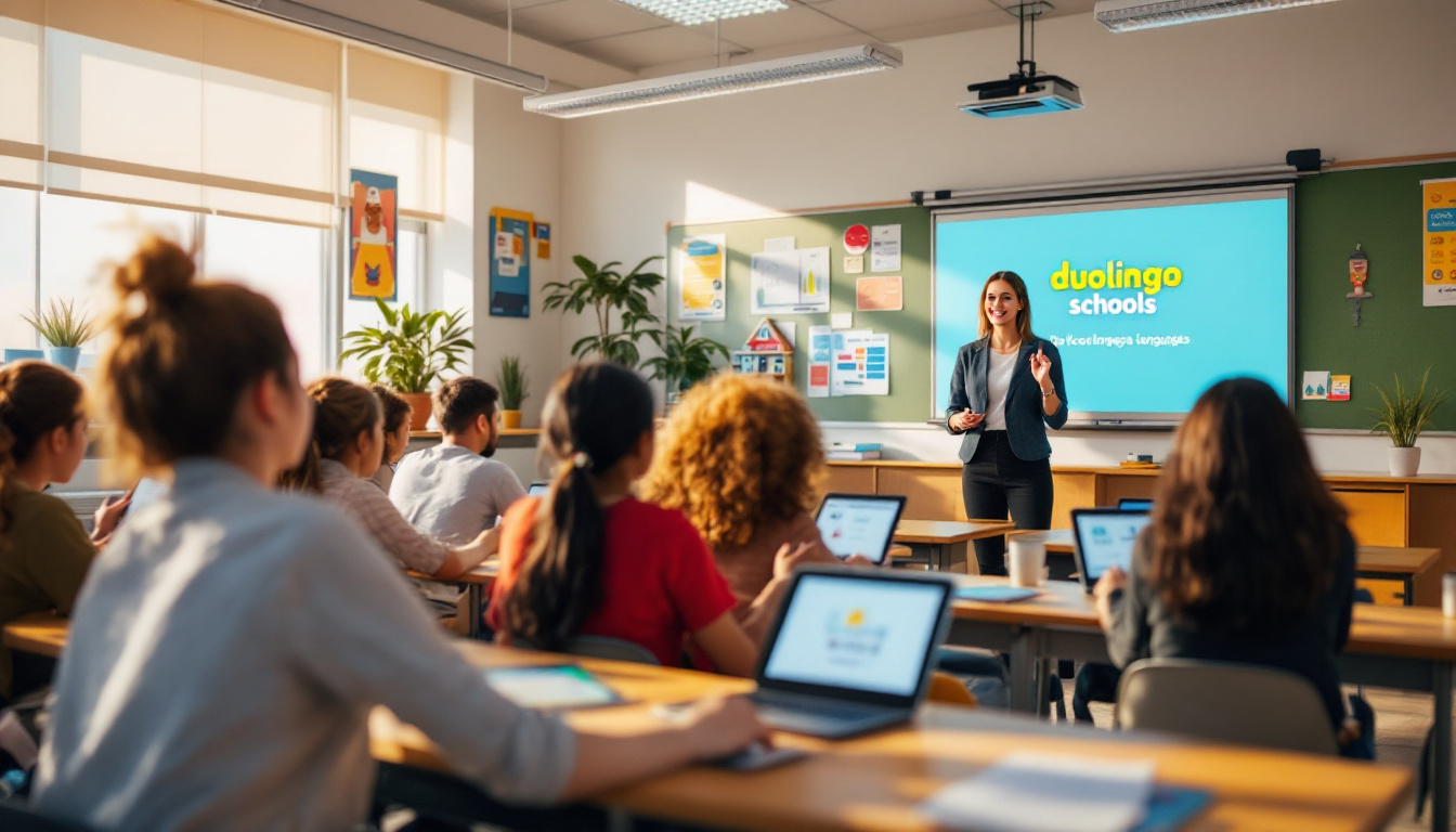 Wide shot of a bright classroom where students use tablets to practice languages on Duolingo, a teacher guides the class, warm lighting, modern classroom with posters and a Duolingo Schools logo on a smart board, photorealistic style, lively and inviting mood.