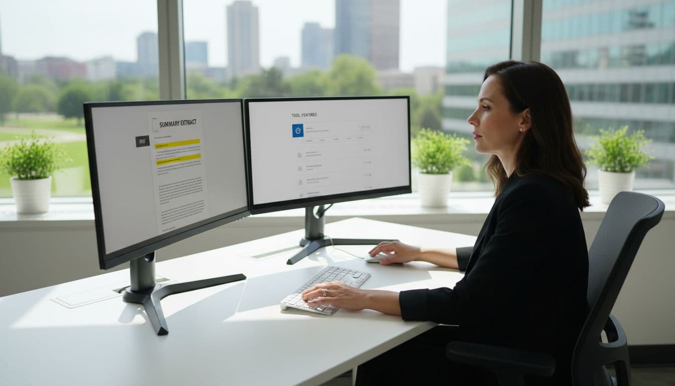 Photo-realistic image of a business analyst in a bright modern workplace at a desk with dual monitors—one showing a highlighted PDF summary and the other listing tool features—depicting the evaluation of AI PDF summarizer options.