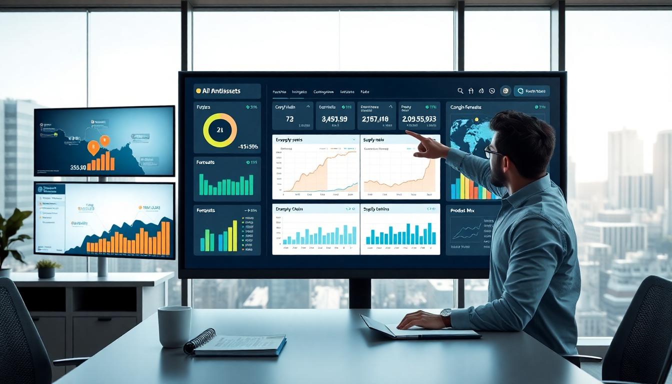 Photorealistic image of a business intelligence dashboard on a large monitor in a modern office, showing pricing analytics, inventory levels, supply chain maps, and demand forecasts. A data analyst points at the screen. Foreground: tidy desk with a notebook and coffee mug. Background: glass wall with cityscape. Confident, focused mood. Image created with AI.