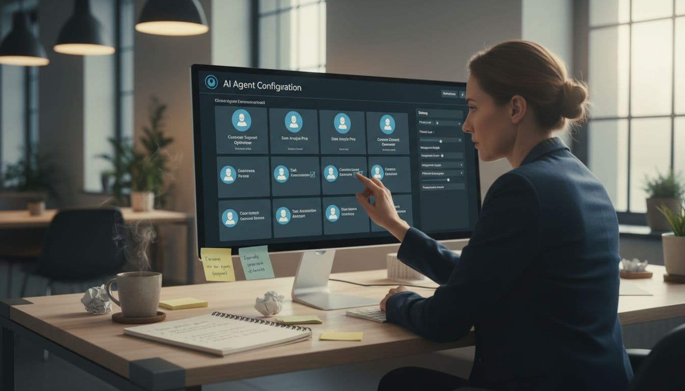A professional evaluating AI agent options on a computer with notes and a coffee on the desk. Image created with AI