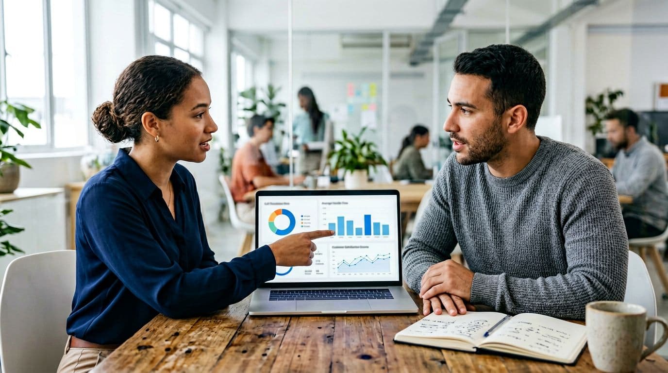 Two small business team members in a modern office review AI voice agent performance metrics on a laptop dashboard showing call resolution rate, average handle time, and satisfaction scores charts.