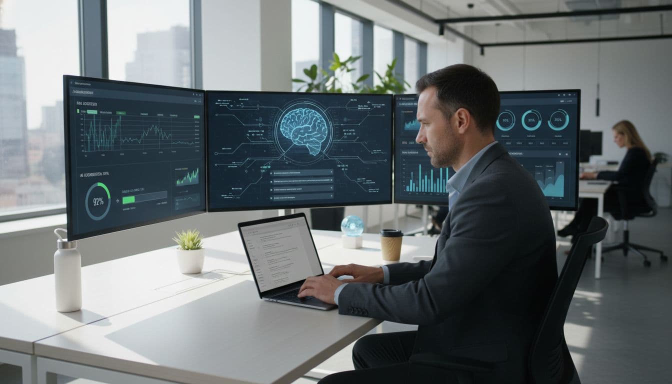 Modern workspace with AI dashboards across multiple screens, showing a professional typing while automations run in the background