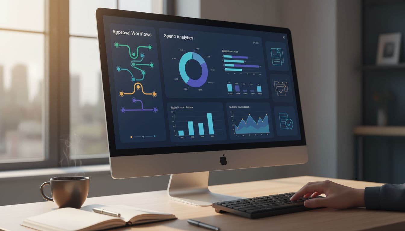 Close-up of desktop screen displaying digital invoices, approval workflows, and spend analytics in a CFO office with coffee mug, notebook, and relaxed hand nearby under realistic window lighting.