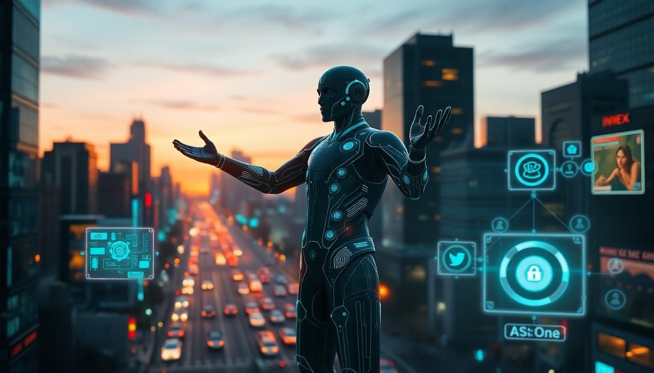 Photorealistic city at dusk with glowing holographic interfaces and a central conductor figure orchestrating digital agents and tokens. Image created with AI.