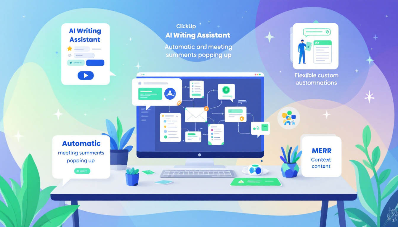 Infographic highlighting ClickUp AI’s main features in an integrated workspace, including AI writing, meeting summaries, deep search, and automation. Image created with AI.