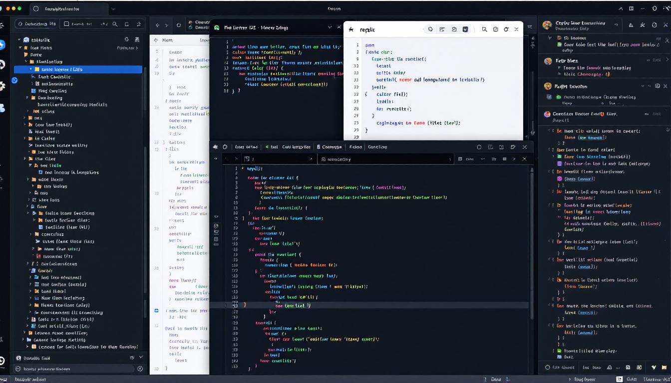 A modern in-browser IDE workspace showing real-time collaboration, AI coding assistant, and Replit's multi-language interface. Image created with AI.