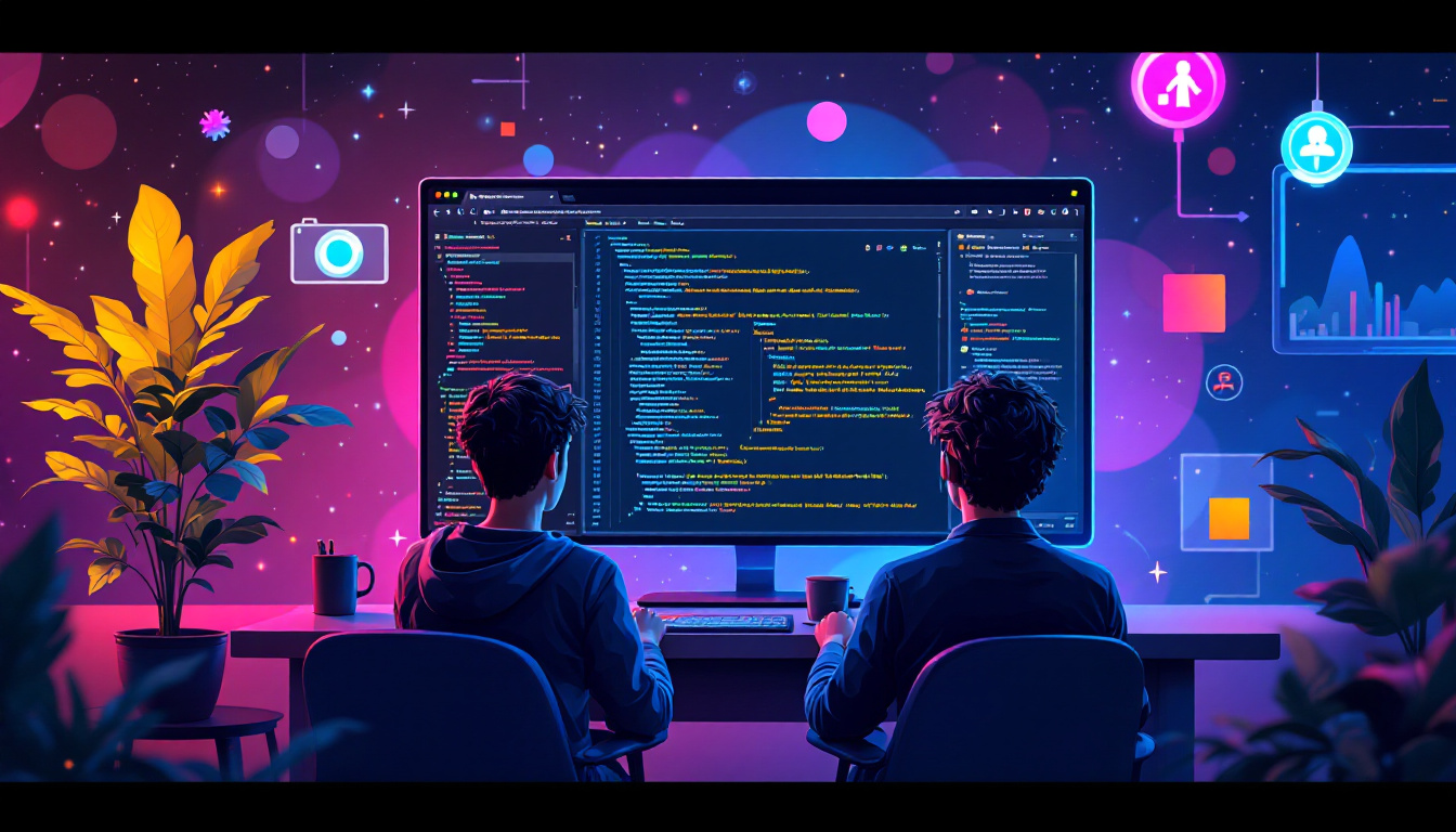 Illustration of developers working together inside a browser-based IDE filled with code, chat, and AI suggestions. Image created with AI.