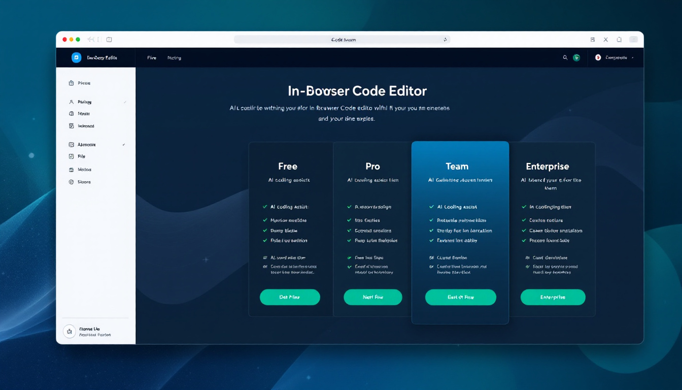 A modern pricing dashboard for a code editor, with Free, Pro, Team, and Enterprise tiers illustrated in a clean UI. Image created with AI.