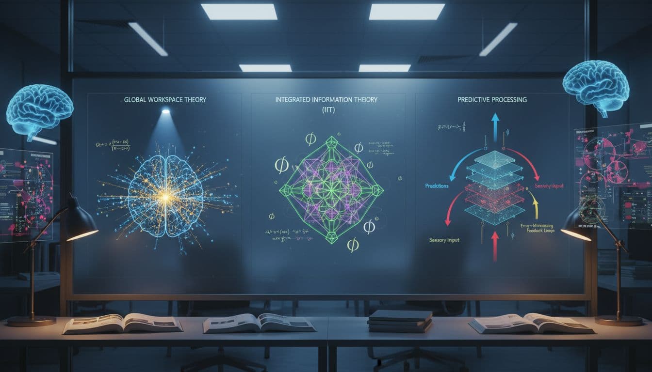 A simple comparison of a global workspace, IIT-style measures, and predictive processing, kept at a high level.