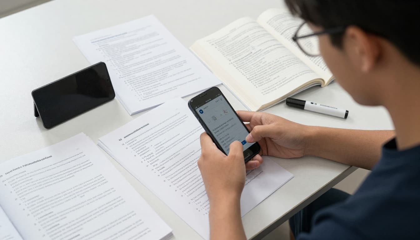 A male college student organizes clean typed lecture notes with headings, page numbers, definitions, and bullet points at a sunlit library table, using his smartphone to capture a high-quality photo for OCR upload to an AI study tool, with open textbook and highlighter nearby.