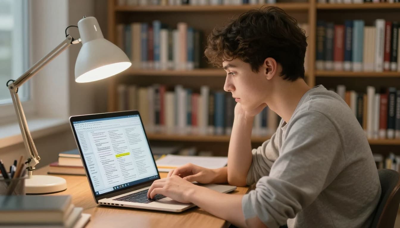 A college student sitting at a desk in a cozy library, browsing a laptop screen with organized study documents like lecture notes and exam papers, surrounded by bookshelves under warm desk lamp lighting, photorealistic style with high detail.