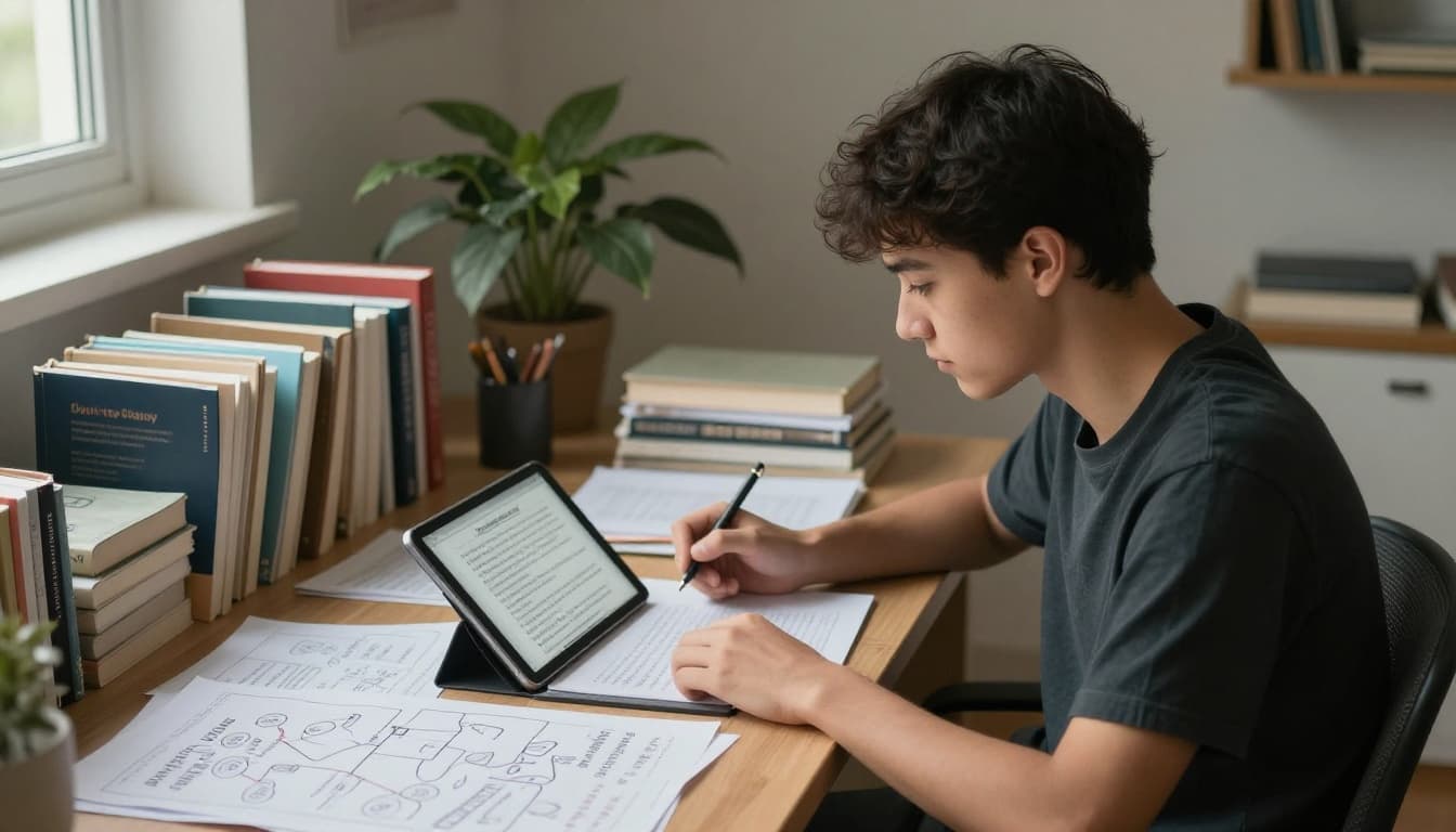 College student at a desk reviews AI-generated summary and quiz on a tablet, surrounded by textbooks and handwritten concept map in a cozy home study space with soft afternoon light.