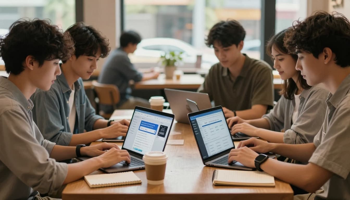 Three college students sit at a cafe table using laptops and tablets to compare study platforms including AI summaries, tutor chat, and note library search. Photorealistic scene in a casual modern setting with coffee cups, notebooks, and warm natural light.