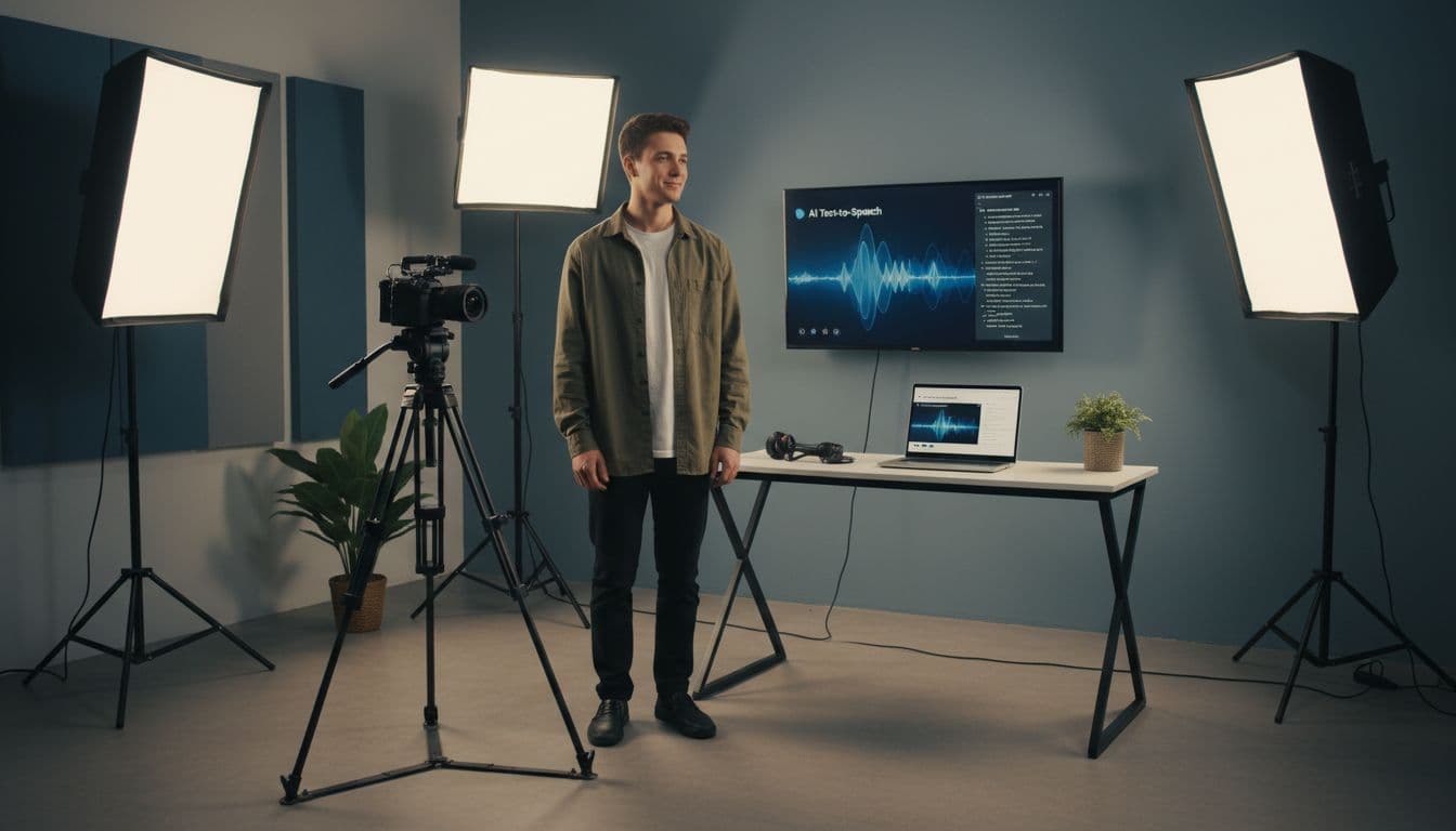 A young man in casual shirt stands relaxed in a modern video studio with a camera on tripod, laptop showing AI text-to-speech interface with waveform and script notes, and soft lighting equipment in a clean professional environment.