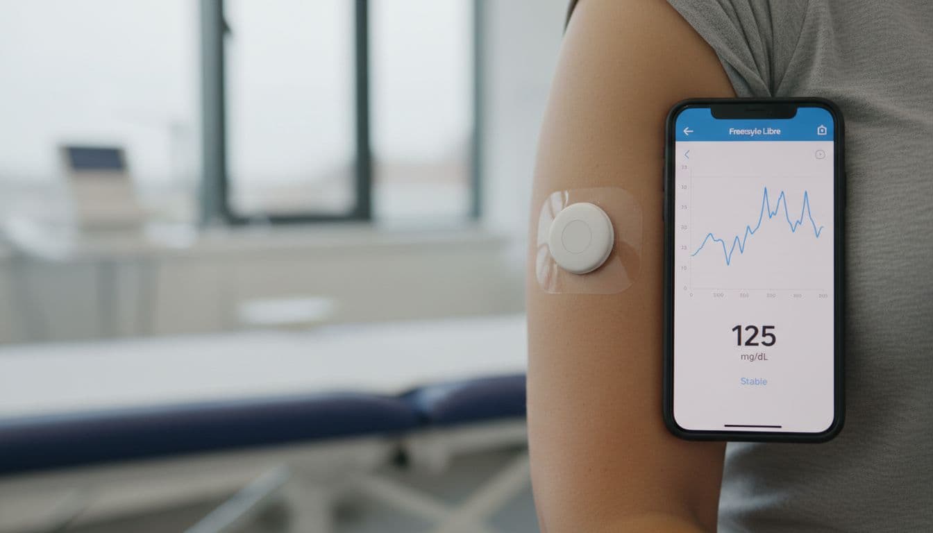 Close-up view of a continuous glucose monitor sensor on a person's upper arm beside a smartphone displaying a fluctuating glucose reading graph in a soft medical office setting.
