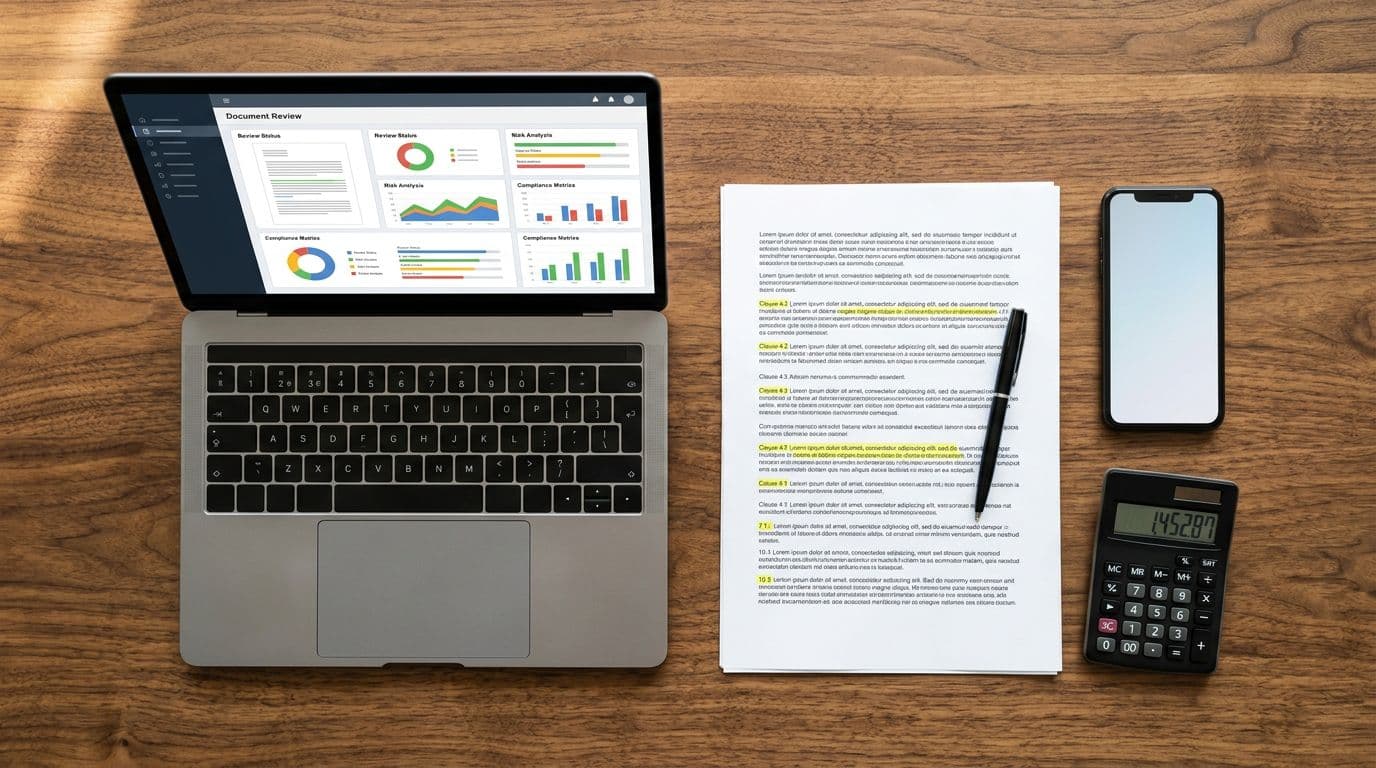Top-down flat lay on a wooden desk featuring a contract with highlighted clauses, laptop with generic document review dashboard, smartphone, and calculator, emphasizing clarity, organization, and compliance in photo-realistic style.