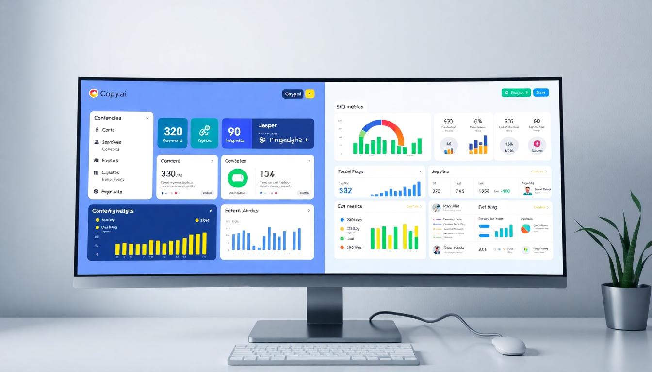 Photorealistic split-screen dashboard featuring Copy.ai on one side and Jasper on the other, showing content workflows, SEO metrics, keyword charts, and integration icons (CRM, Slack, analytics tools). A clean modern desk setting and neutral background. Image created with AI.