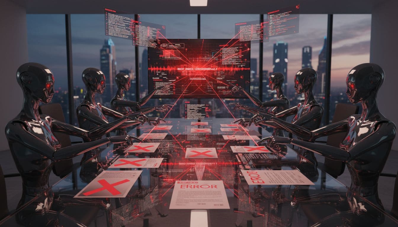 In a modern corporate office, sleek humanoid AI agents huddle around a conference table with error-filled reports and screens showing propagating mistakes, mirroring gestures in a domino-like chain of failures under dramatic red-toned lighting.