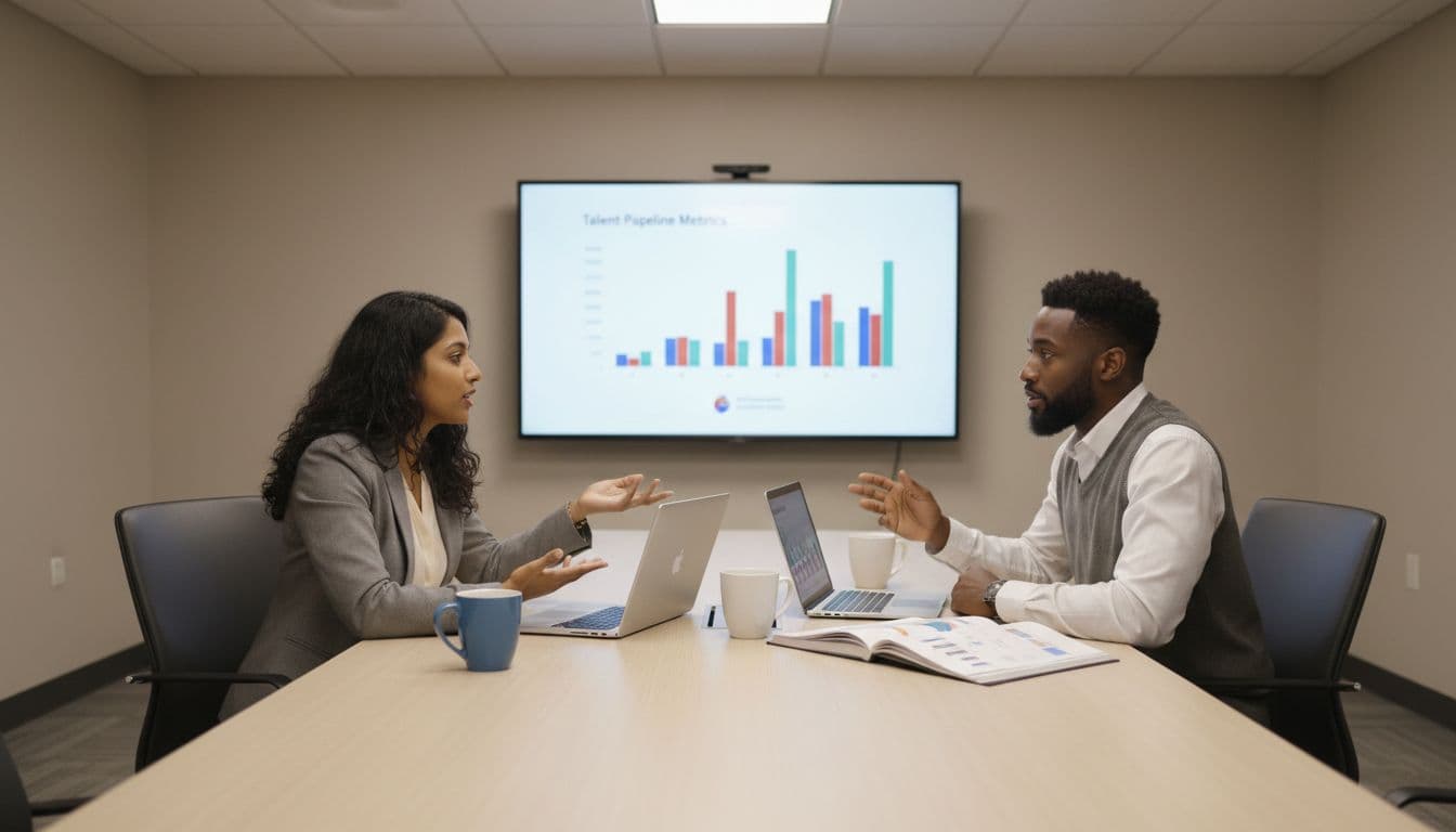 Photo-realistic scene of two diverse professionals in a US corporate recruiting team meeting room, discussing high-volume hiring strategies around a table with laptops, printed reports, coffee mugs, and a screen projecting talent pipeline metrics under natural lighting.