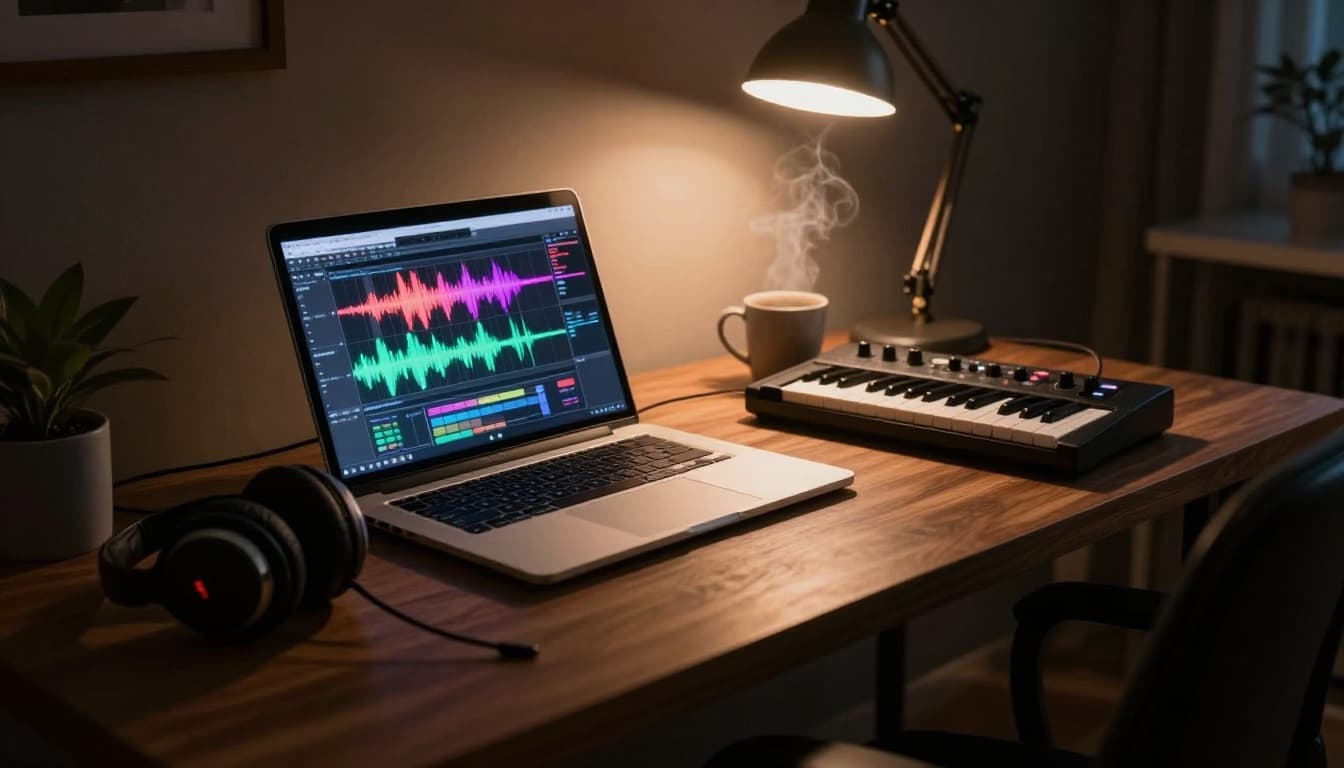 A cozy home music production setup in a dimly lit room at night, with a laptop screen displaying colorful audio waveforms from an AI music generator, wireless headphones on the desk, MIDI keyboard nearby, coffee mug steaming, warm ambient lighting from desk lamp creating a focused creative atmosphere.