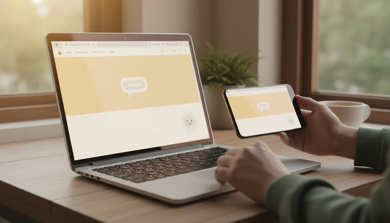 Photo-realistic image of a customer engaging with an AI chat widget on a retail website, shown on laptop and mobile screens side by side in a natural indoor setting with warm lighting.