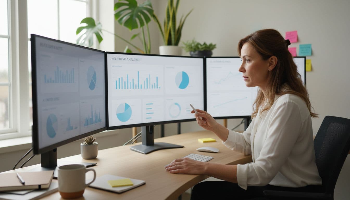 A middle-aged customer service manager at a desk in a bright home office compares helpdesk and AI chatbot analytics on multiple screens displaying blurred charts and metrics. Realistic photo-realistic style with natural lighting, plants, notes, and a professional yet approachable contemporary tech workspace.