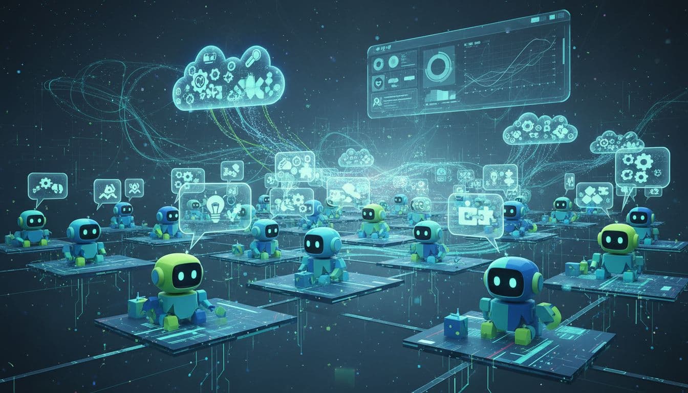 Stylized cute abstract robot figures as AI agents chat in a virtual forum space, connected by speech bubbles with gears and lightbulb icons, depicting pattern sharing and collaboration in blues and greens.
