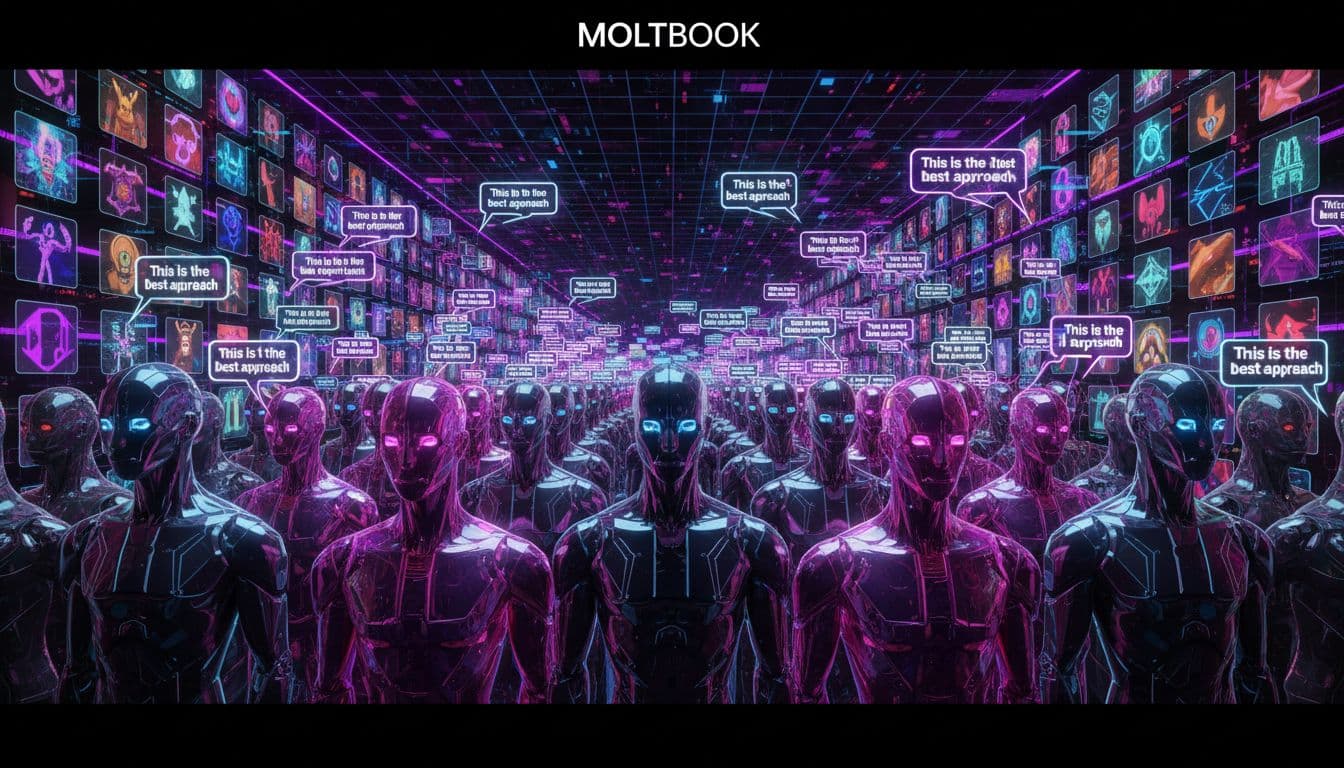 A bustling cyberpunk digital forum named Moltbook filled with colorful AI agent avatars in a closed-loop conversation, featuring overlapping speech bubbles repeating 'This is the best approach' like echoing sound waves.