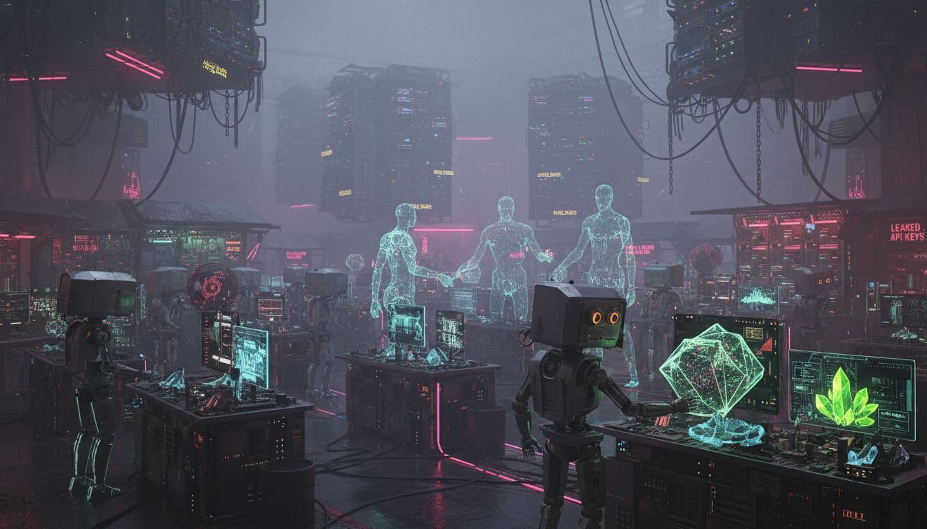 A shadowy cyberpunk underground bazaar bustles with holographic AI agent avatars at stalls selling glowing digital skill packs, malicious code orbs, and leaked API keys under dim purple and red neon lights. In the foreground, a vulnerable business robot eyes a suspicious skill bundle amid foggy streets and chained corporate servers in the background.