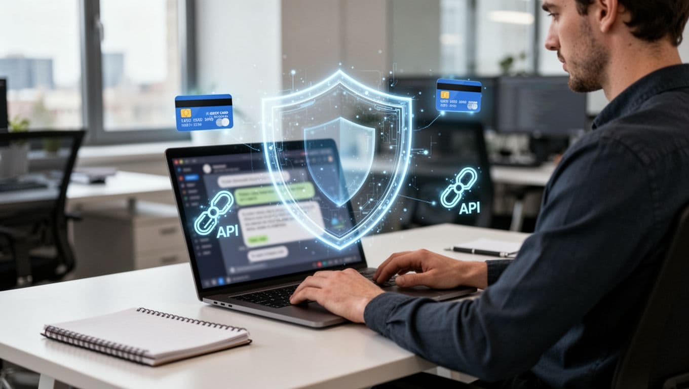 Photo-realistic depiction of a cybersecurity expert in a modern open office, seated at a clean desk with a laptop displaying a blurred AI chat interface, featuring a subtle glowing shield protecting against floating data leak icons like credit cards and API keys.