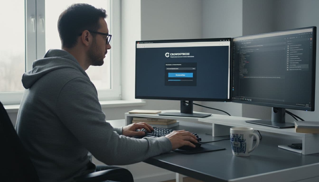 Photorealistic image of a cybersecurity professional preparing a download and terminal setup on dual monitors.