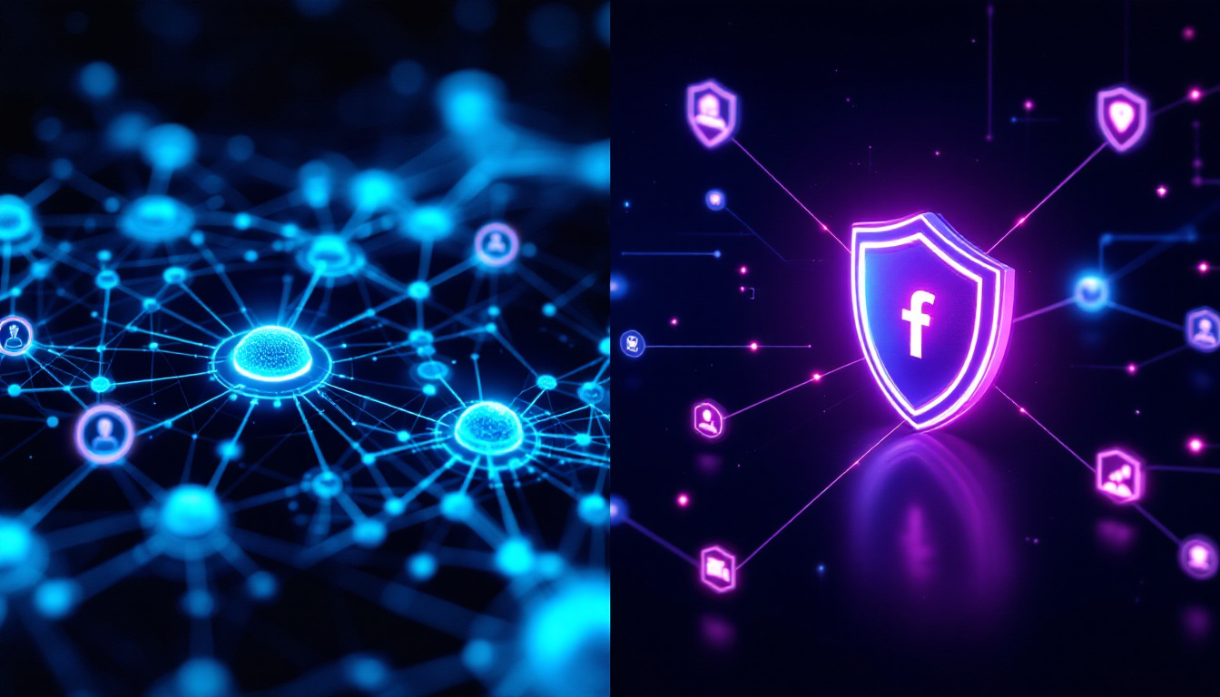 Side-by-side visualization of Darktrace's neural network approach and CrowdStrike's shield and endpoint icons, highlighting their core strengths in cybersecurity. Image created with AI.