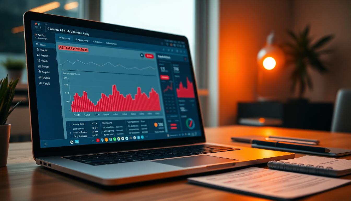 Photorealistic close-up of a data analyst's desk with a laptop showing an A/B test dashboard. The screen highlights warning signs in red on charts, with a notebook and checklist nearby. Warm office lighting, modern desk, subtle AI glow from the screen, conveying careful analysis and caution. Image created with AI