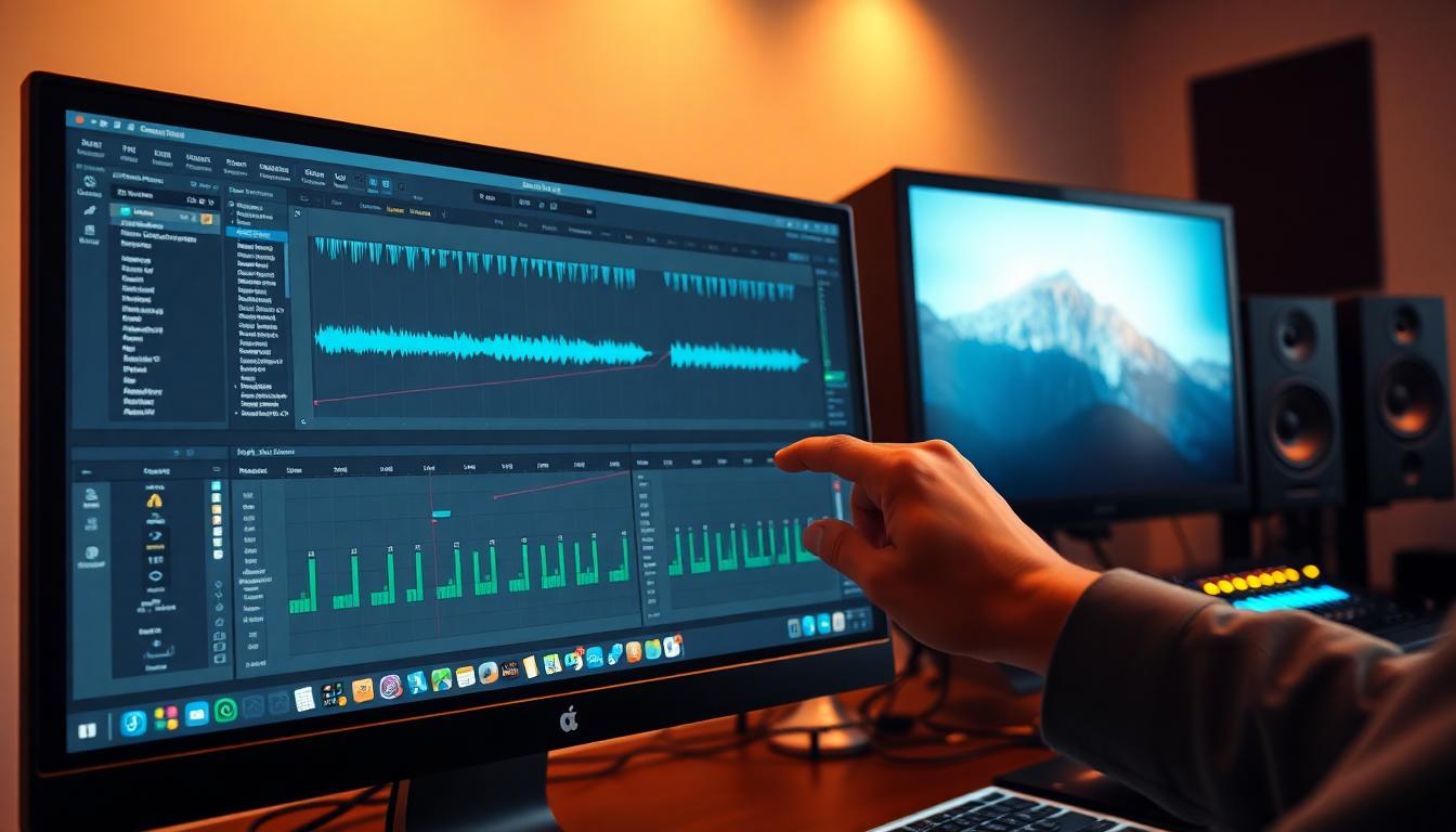 Close-up of a digital audio workstation with AI-assisted editing, mixer, and audio tracks; modern studio energy for content creation. Image created with AI.