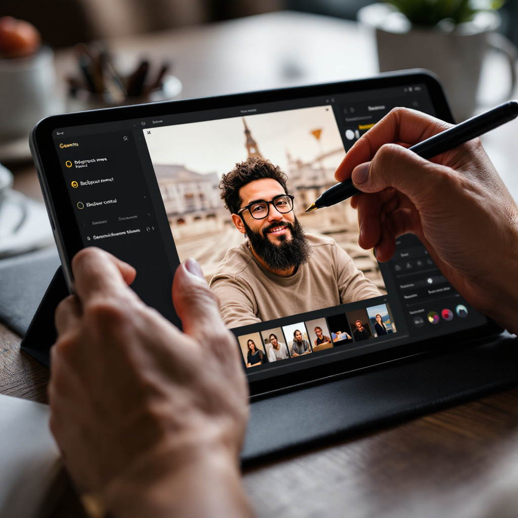 Designer using Gemini Nano Banana on a tablet, adjusting an image with intuitive editing prompts. Image generated by AI.