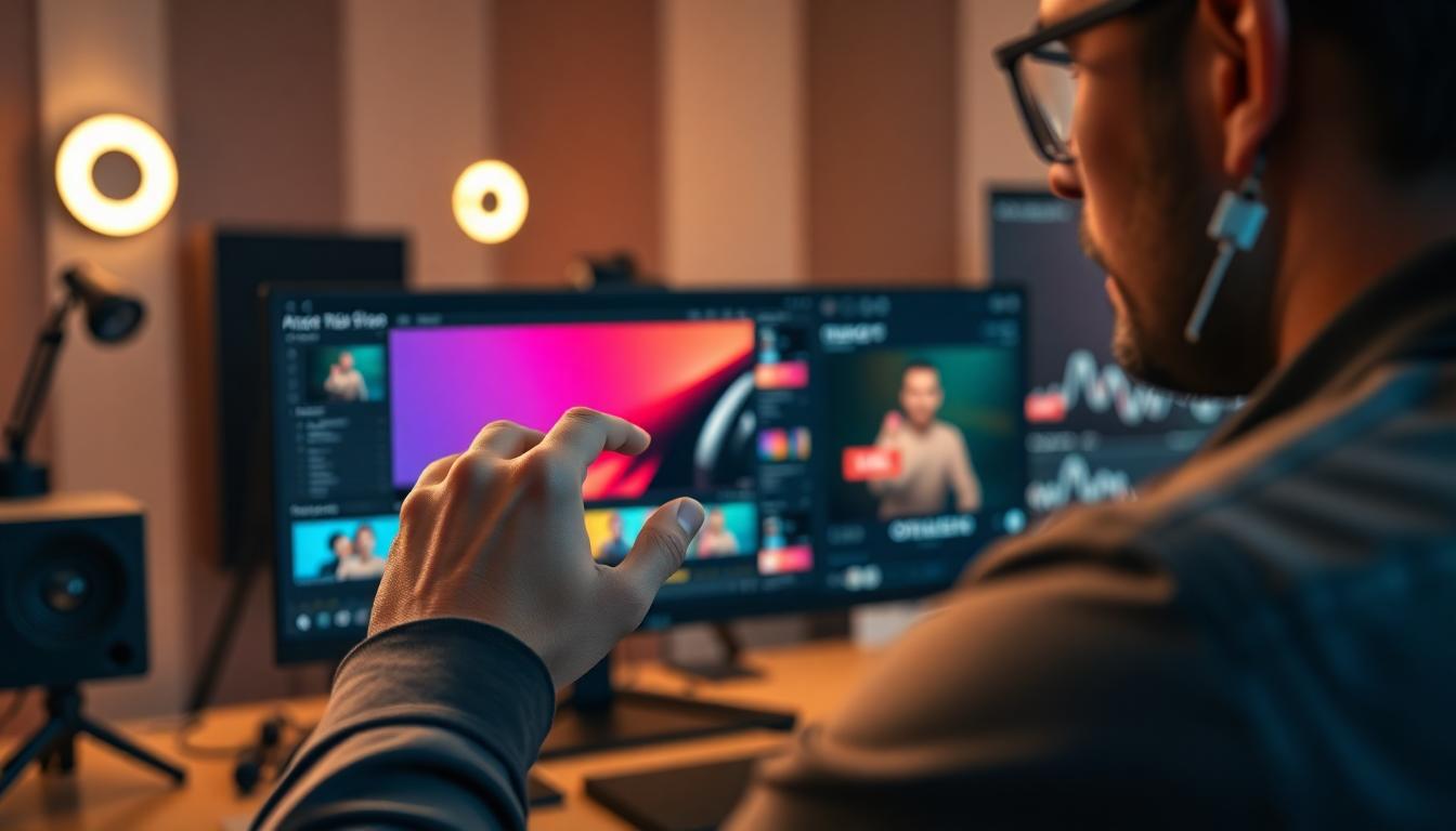 Photorealistic close-up of a designer at a modern editing workstation, adjusting colors and pacing in a video project. AI avatar and holographic panels in the background. Image created by AI.