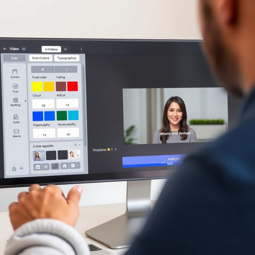 Close-up of a designer customizing a video in InVideo (brand colors, typography, transitions), with a panel showing a Synthesia avatar delivering a script. Studio environment, soft light. Image created with AI.