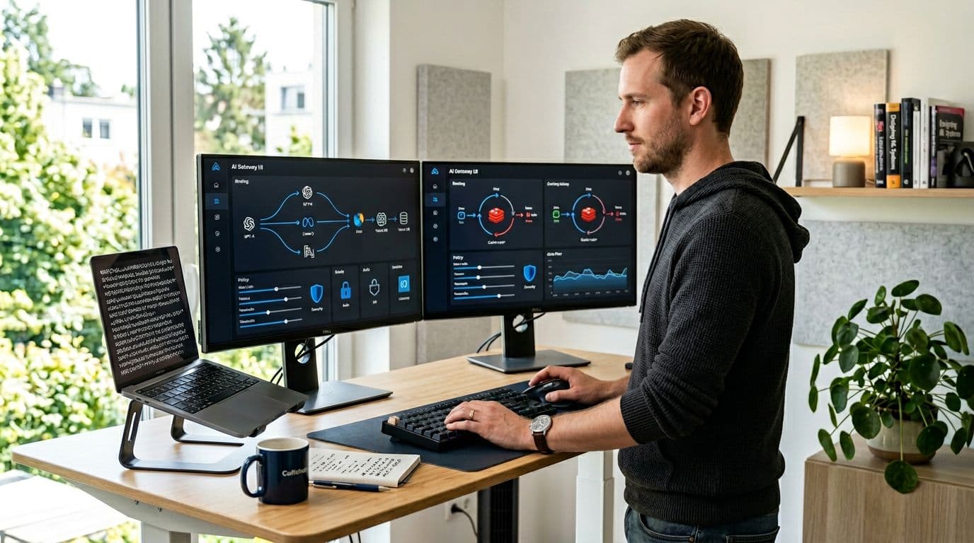 Photo-realistic landscape of a male developer at a standing desk in a bright contemporary home office, configuring an AI gateway interface on dual monitors with abstract elements like routing arrows, caching diagrams, policy sliders, and shields. Relaxed hands on keyboard, open laptop with notes, coffee mug, potted plant, natural side window light, shallow depth of field on screens and hands.