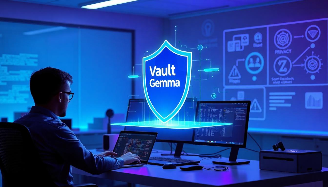 A photorealistic scene showing a developer at a modern workstation accessing VaultGemma weights on a laptop. A holographic shield labeled VaultGemma floats above the desk, with flowing data streams and privacy diagrams in the background. Cool blue and purple tones, clean lab environment, calm and focused mood. Image created with AI.
