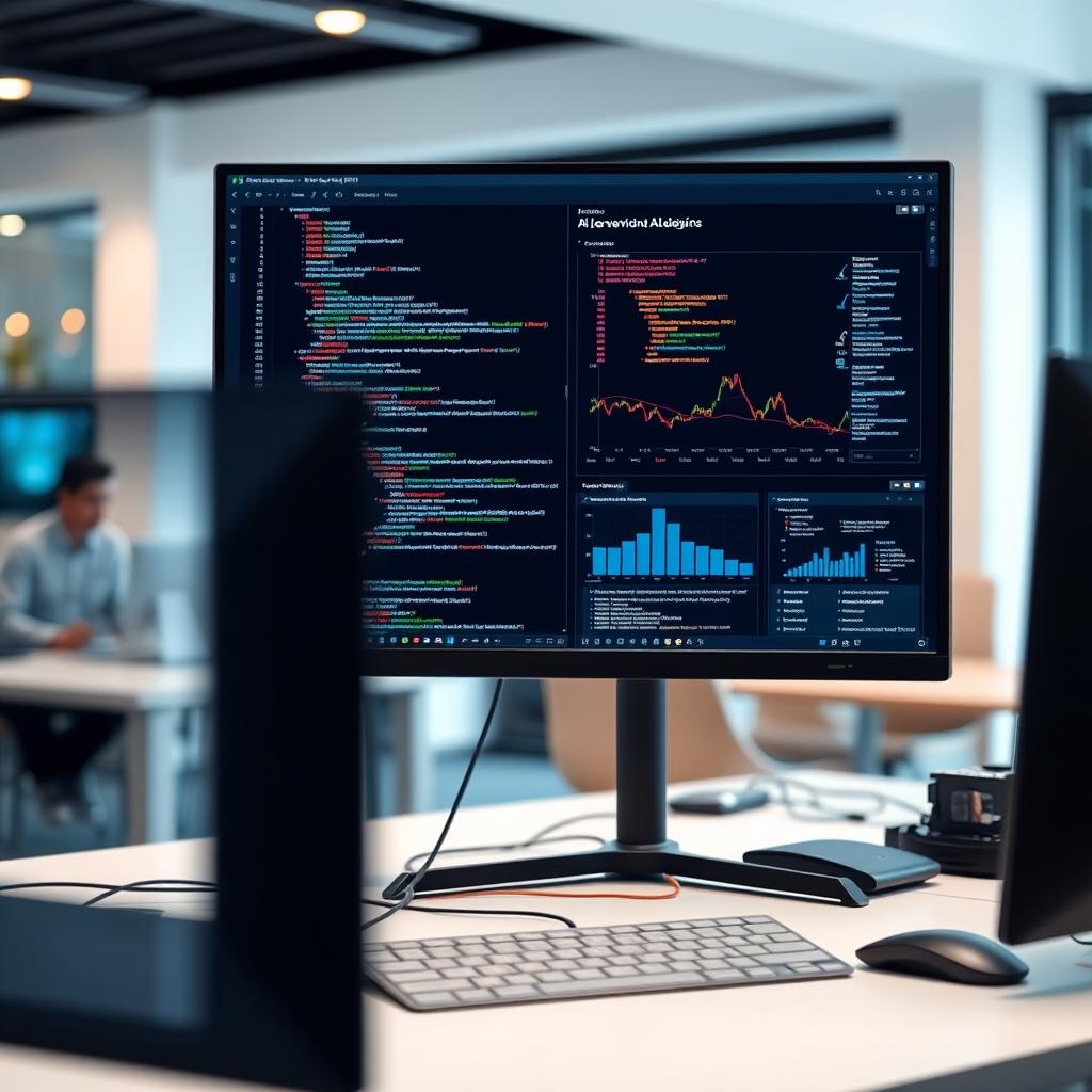 A realistic photo of a developer workstation with code and AI threat analytics on a monitor, collaborative team environment, modern office setting. Image created with AI.