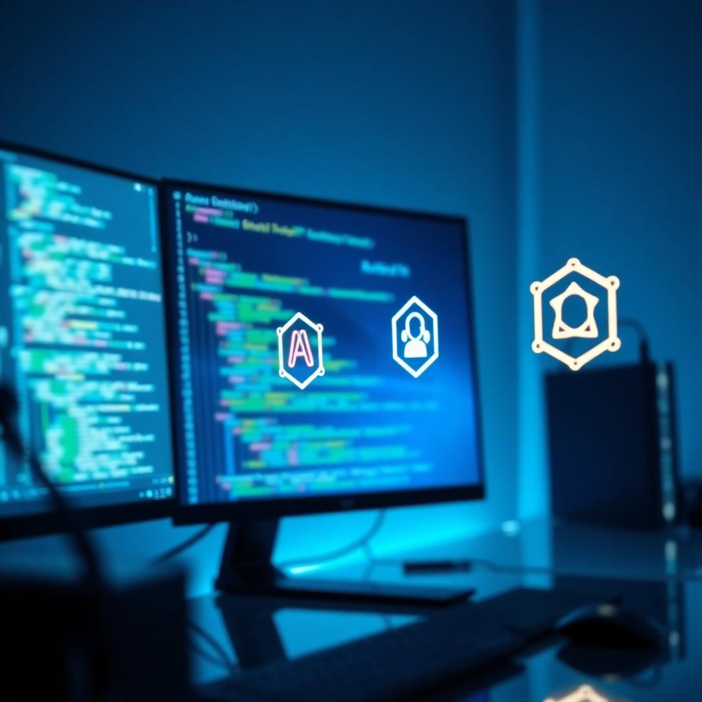 A realistic close-up of a developer's workstation, showing code and AI agent icons on a monitor representing machine-led API threats. Blue teal lighting and a glass desk for modern context. Image created with AI.