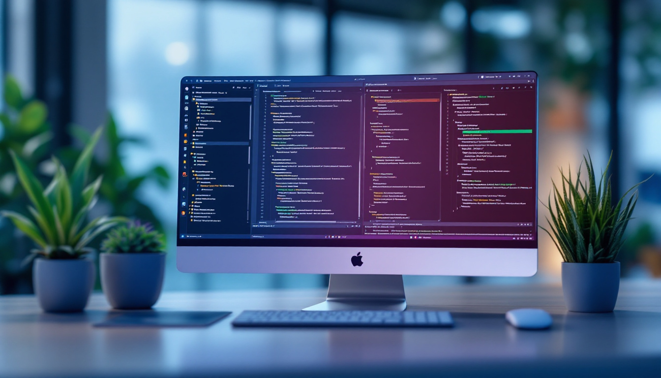 A modern developer workstation showing Windsurf's coding assistant integrated with IDE, featuring chat, project explorer, and multi-file context. Image created with AI.