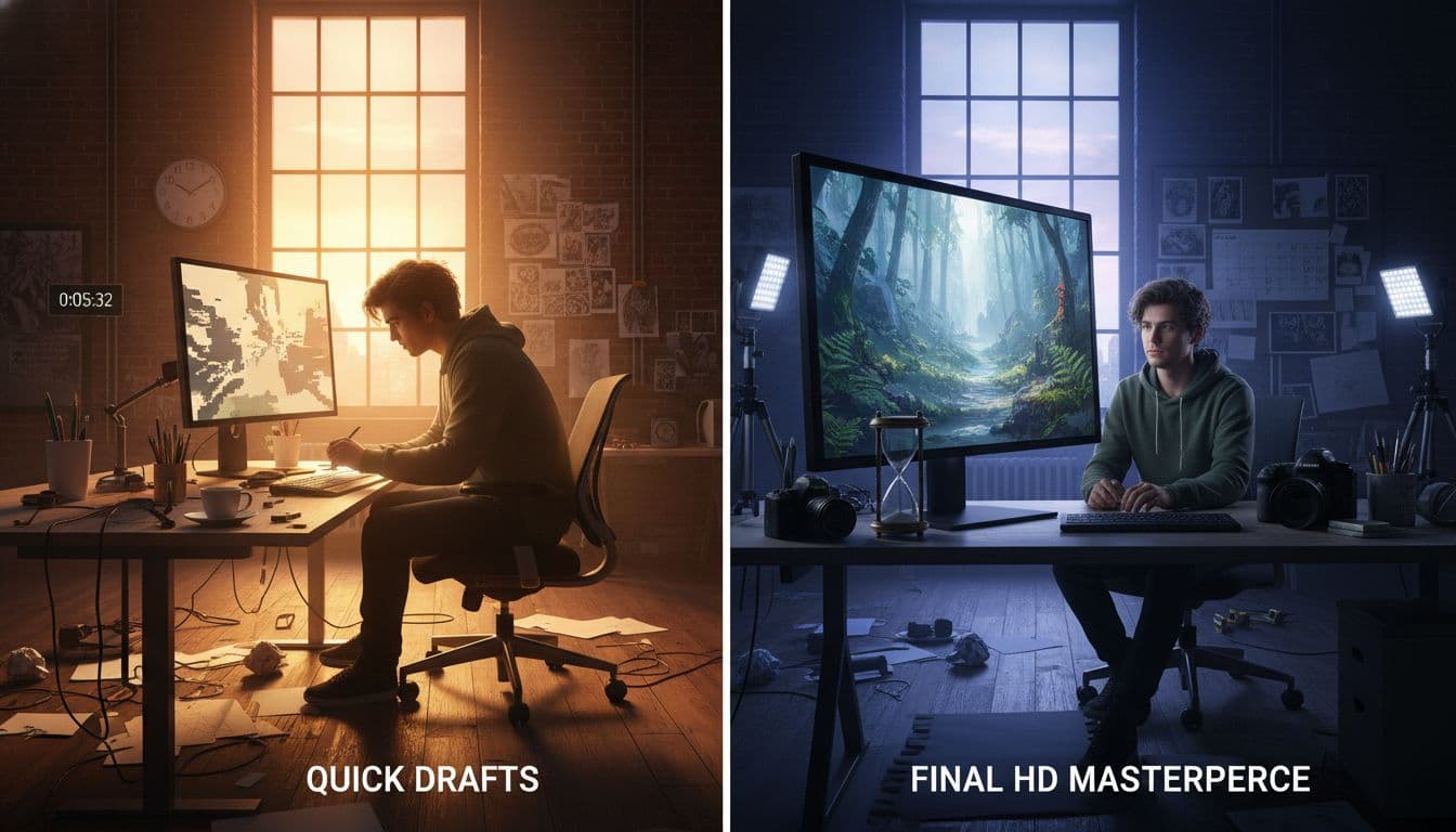 Drafts vs final HD tradeoffs on time and quality.